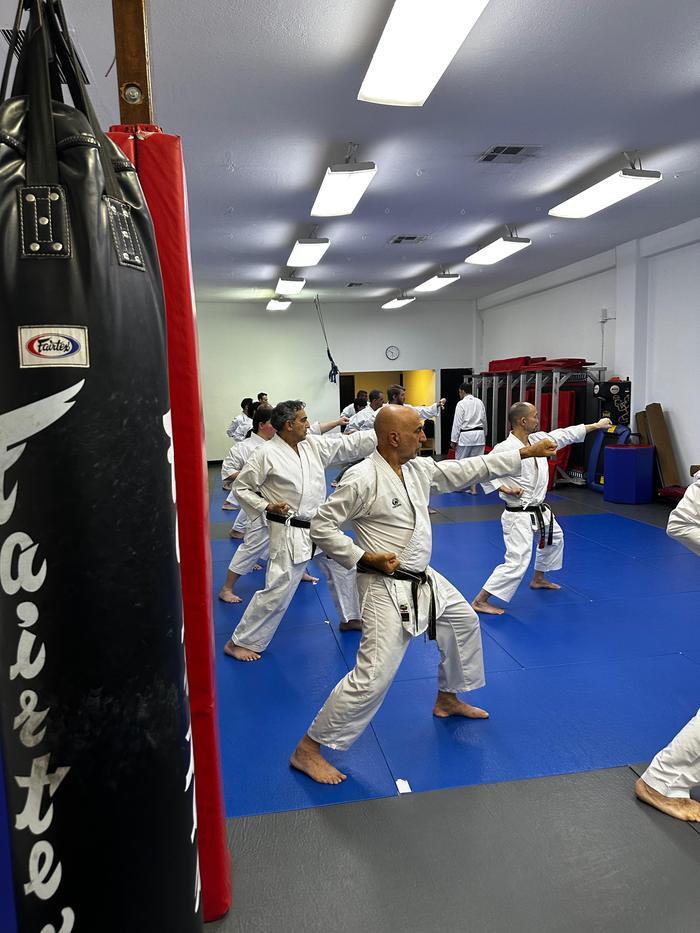 Adult karate class on the dojo floor